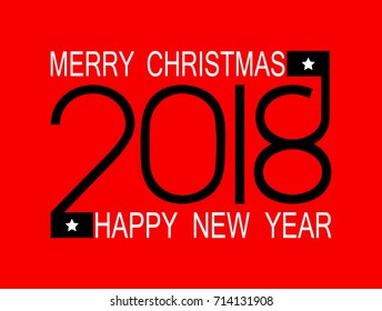 Happy New Year 2018 and Merry Christmas. Numbers 2018 on a red flat background. Inscription 2018 red and white. Greeting card new year and merry christmas. Vector illustration.
