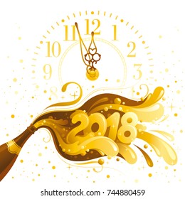 Happy New Year 2018 merry christmas vector banner, clock dial, sparkling champagne wine bottle, bubble, clock. Alcohol drink concept illustration. Isolated white background. Swirl pattern text design