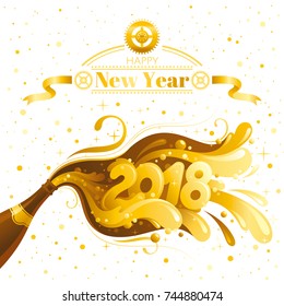 Happy New Year 2018 merry christmas vector banner, clock dial, sparkling champagne wine bottle, bubble. Alcohol drink concept illustration. Isolated white background. Swirl pattern text design