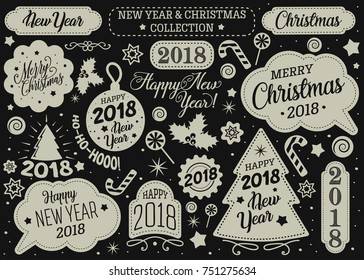 Happy New Year 2018, Merry Christmas typographic emblems set. Vector logo, text design. Black and white retro vintage illustrations. Usable for banners, greeting cards, gifts.