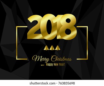 Happy new year 2018 and Merry Christmas text design in gold frame isolated on black polygon background. Vector illustration for your holiday template