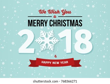 Happy New Year 2018 and Merry Christmas design with snowflake and ribbon on the light blue winter background with falling snow. Vintage postcard, banner, invitation template. Vector Illustration. 