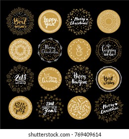 Happy New Year 2018, Merry Christmas, Best wishes round labels. Vector set of Christmas & New Year holiday handwritten lettering sticker, emblem, text design. Pattern brushes are included in EPS file.