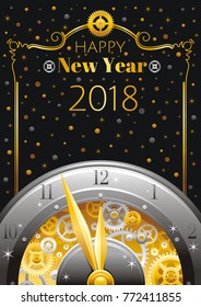 Happy New year 2018, Merry Christmas frame border. Greeting card design, clockwork, cogwheel, hour hand, vintage clock element, black background. Gold silver icon, text lettering, golden star