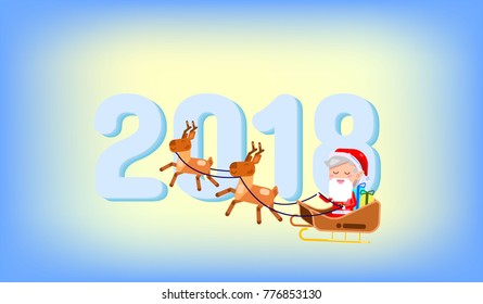 Happy new year 2018 and Merry Christmas text written card. Cute santa claus vector illustration. Funny Santa Claus rides in a sleigh pulled by reindeer.