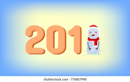 Happy new year 2018 and Merry Christmas text written card. Cute snow man vector illustration