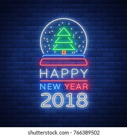 Happy new year 2018 is a neon sign. Neon symbol for your New Year's projects, greetings cards, flyers, banners. Bright festive signboard, luminous advertising. Vector illustration.