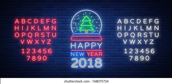 Happy new year 2018 is a neon sign. Neon symbol for your New Year's projects, greetings cards, flyers, banners. Bright festive signboard, luminous advertising. Vector illustration. Editing neon sign.