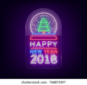 Happy new year 2018 is a neon sign. Neon symbol for your New Year's projects, greetings cards, flyers, banners. Bright festive signboard. Vector illustration. Neon sign on transparent glass.