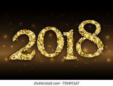 Happy New Year 2018 with numbers from golden glitter with sparkles on black background with fireflies. Vector illustration