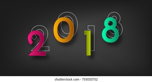 Happy New Year 2018. Numbers and snowflake cut from paper. Vector volumetric illustration with a shadow