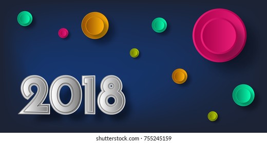 Happy New Year 2018. Numbers and snowflake cut from paper. Vector volumetric illustration with a shadow