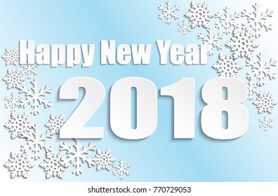 Happy New Year 2018. Numbers and snowflake paper art style. Paper white design with shadows,Vector Illustration