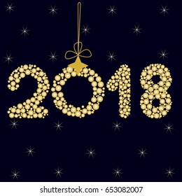happy new year 2018 on dark blue background with stars zero in form of Christmas ball with bow on background of night sky with stars