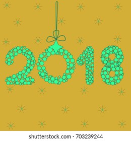 happy new year 2018 on golden background with stars zero in form of Christmas ball with bow on background of night sky with stars