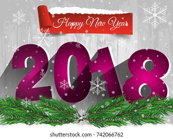Happy New Year 2018 on a wooden table with snow. Vector EPS 10