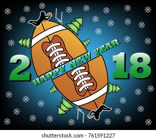 happy new year 2018 and ootball with Christmas trees. football player jumping with the ball. Vector illustration