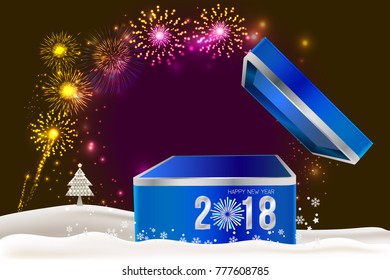 Happy New Year 2018, open gift box and fireworks background with space for text. illustration vector.