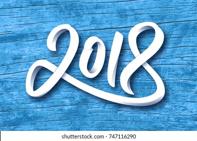 Happy New Year 2018. Paper 3D calligraphic number on blue wood background. Vector greeting card design template for winter holidays