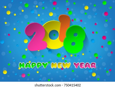 Happy New Year 2018 paper colorful numbers on blue background. Vector illustration. Decorative greeting card 2018 new year.