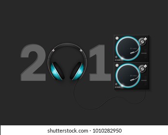 Happy New Year 2018 party headphones DJ's music background. Greeting card headphone DJ player headphone 2018 flyer. Headset DJ equipment date 2018 year. Celebrate earphones dancing disco brochure