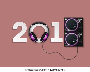 Happy New Year 2018 party headphones DJ's music background. Greeting card headphone DJ player headphone 2018 flyer. Headset DJ equipment date 2018 year. Celebrate earphones dancing disco brochure