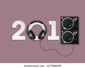 Happy New Year 2018 party headphones DJ's music background. Greeting card headphone DJ player headphone 2018 flyer. Headset DJ equipment date 2018 year. Celebrate earphones dancing disco brochure