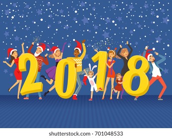 Happy New Year 2018, party people celebrating colorful vector Illustration
