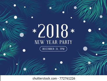 Happy new year 2018 party invitation with fir branches and snowflakes