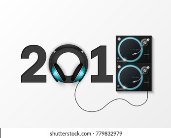 Happy New Year 2018 party headphones DJ's music background. Greeting card headphone DJ player headphone 2018 flyer. Headset DJ equipment date 2018 year. Celebrate earphones dancing disco brochure