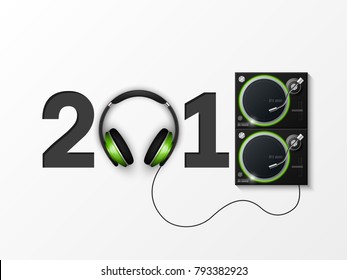 Happy New Year 2018 party headphones DJ's music background. Greeting card headphone DJ player headphone 2018 flyer. Headset DJ equipment date 2018 year. Celebrate earphones dancing disco brochure