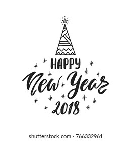Happy New Year 2018 phrase. Holiday lettering with hand drawn christmas tree. Modern brush calligraphy. Vector illustration isolated on white background.