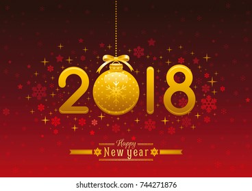 Happy New Year 2018 placard banner template design, vector illustration. Golden numbers, ball, retro text lettering logo. Isolated on dark red. Flat holiday poster, festival luxury xmas decoration