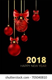 Happy New Year 2018 postcard with Christmas tree decorations