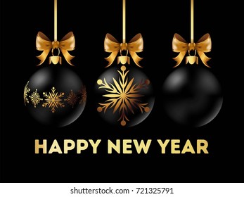 Happy New Year 2018 postcard with stylish Christmas tree decoration with gold bow of ribbon on it isolated vector illustration on black background. Dark mat ball with sign that hangs on rope.