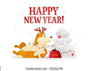 Happy New Year 2018 postcard template with the cute yellow dog lying near the Christmas tree on white background. The dog cartoon character vector illustration.