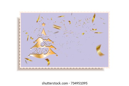 Happy New Year 2018 postcard,golden stylized Christmas tree with golden defocused confetti on a purple background.Vector illustration.