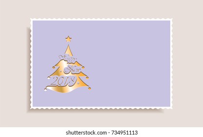 Happy New Year 2018 postcard,golden cutout stylized Christmas tree on a purple background.Vector illustration.