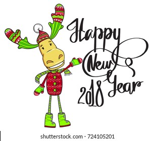 Happy New Year 2018 poster. Deer in winter hat, scarf