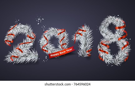 Happy New Year 2018 poster. Banner with snow and white branches of christmas tree, fir with red serpentine and ribbon with text, lettering. Christmas design, decor. Vector illustration.