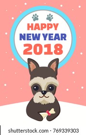 Happy New Year 2018, poster with symbol of approaching period, dog sitting with bone decorated with bow, snowflakes isolated on vector illustration