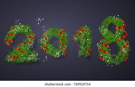 Happy New Year 2018 poster. Banner with snow and green branches of christmas tree, fir with red serpentine and ribbon. Christmas design, decor. Vector illustration.