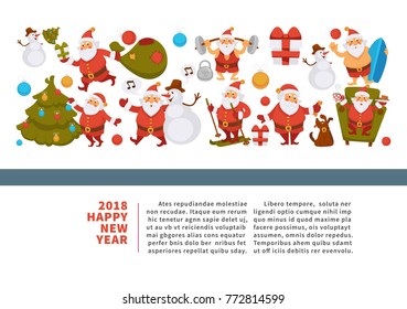 Happy New Year 2018 poster with funny Santa Clauses