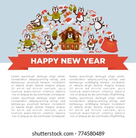 Happy New Year 2018 poster with Husky dog in festive warm clothes, in wooden house with Christmas decorations and winter