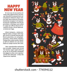 Happy New Year 2018 poster with Husky dog in festive warm clothes, in wooden house with Christmas decorations and winter