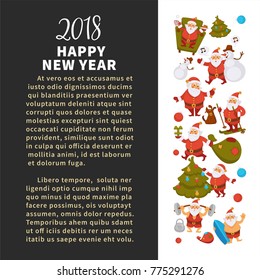 Happy New Year 2018 poster with Santa Clauses in traditional costume, sport suit and swimming trunks, snowman in hat, decorated Christmas tree