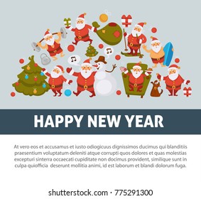 Happy New Year 2018 poster with Santa Clauses in traditional costume, sport suit and swimming trunks, snowman in hat, decorated Christmas tree