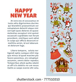 Happy New Year 2018 poster with Husky dog in festive warm clothes, in wooden house with Christmas decorations and winter