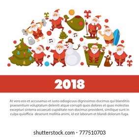 Happy New Year 2018 poster with Santa Clauses in traditional costume, sport suit and swimming trunks, snowman in hat, decorated Christmas tree