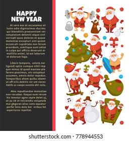 Happy New Year 2018 poster with Santa Clauses in traditional costume, sport suit and swimming trunks, snowman in hat, decorated Christmas tree